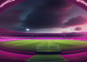 Championship-scale stadium at dusk, pre-match atmosphere