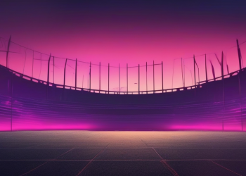 Abstract editorial illustration of an empty football stadium at dusk with magenta horizon, for Championship gameweek 44 review.