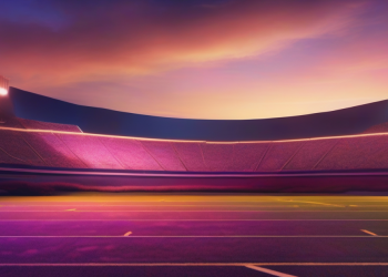 Abstract editorial hero image — navy and magenta football stadium at sunset, suggestion of trophy ribbon shimmer and three diverging paths chalked on the turf