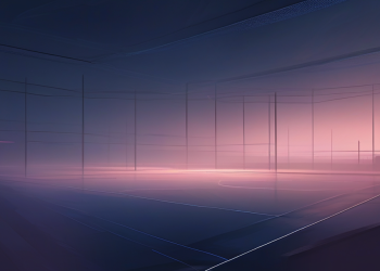 Atmospheric editorial illustration: a Championship football pitch in heavy perspective under stadium floodlights, navy-dominant with subtle magenta accents on the horizon. Brand hero for the GW46 final-day preview.