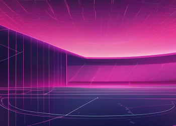 Abstract editorial illustration of an empty football stadium at twilight, deep navy and magenta palette, evoking the final matchday of the 2025/26 League One regular season. No players or kits visible.