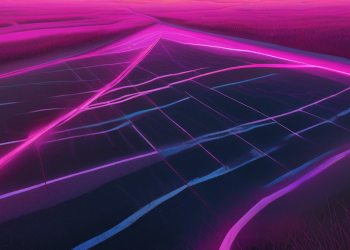 Abstract editorial hero image: deep navy football pitch at dusk with branching magenta-pink chalk paths diverging across the turf, evoking the three scenarios that hang on tonight Soton-Ipswich result