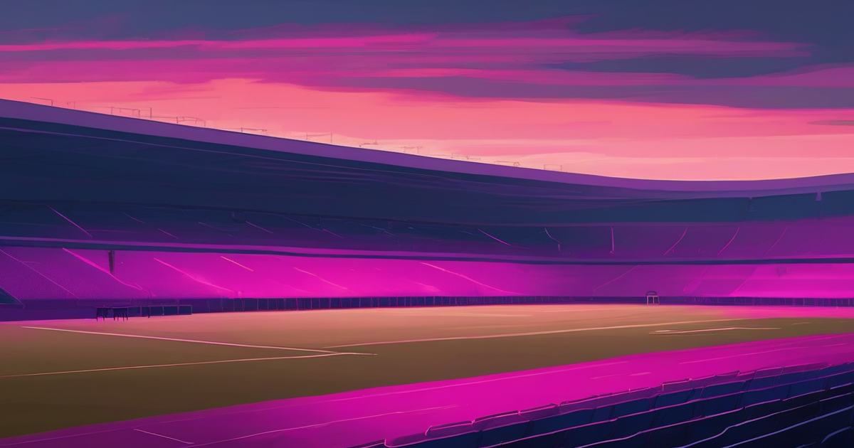 The MKM Stadium at dusk, painterly illustration in navy and magenta