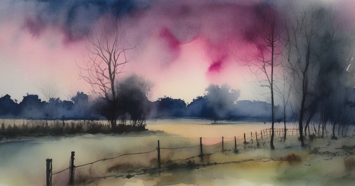 A quiet training-ground perimeter at dusk with bare trees and a low fence, painterly watercolour