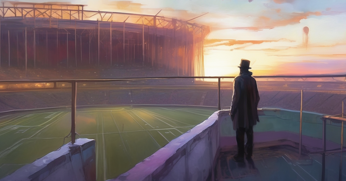 Fantasy painterly landscape of a lone figure on a stadium roof at sunset