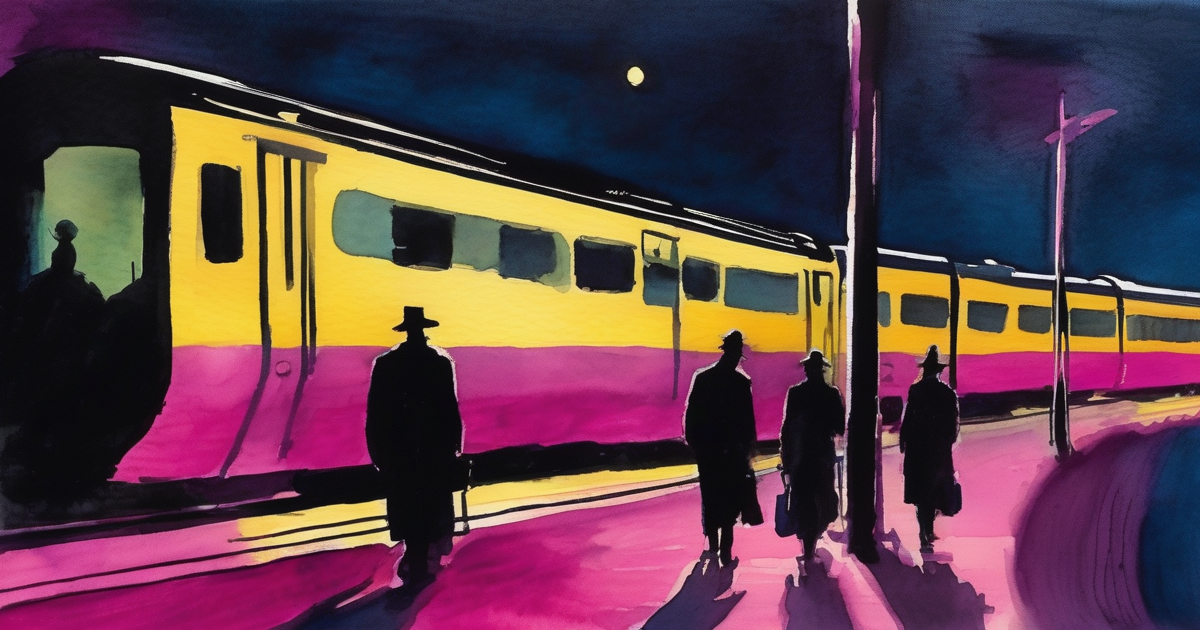 A late-night railway platform with anonymous figures walking from behind, painterly watercolour