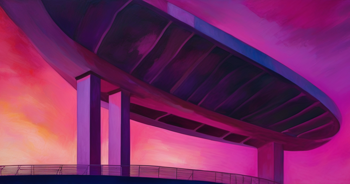 The curved arch of a great national stadium at golden-hour dusk, painterly illustration