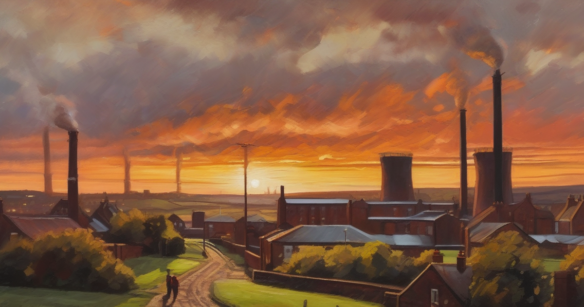 Painterly oil painting of Northern English mill chimneys and red-brick terraces at golden sunset