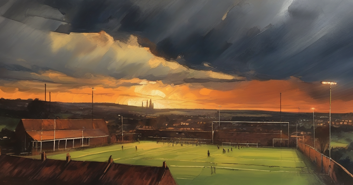 Painterly oil painting of a football pitch under a stormy Pennine sky breaking into golden light