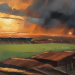 Painterly watercolour view across a small Northern English football ground at golden hour, dramatic sunset sky, no people