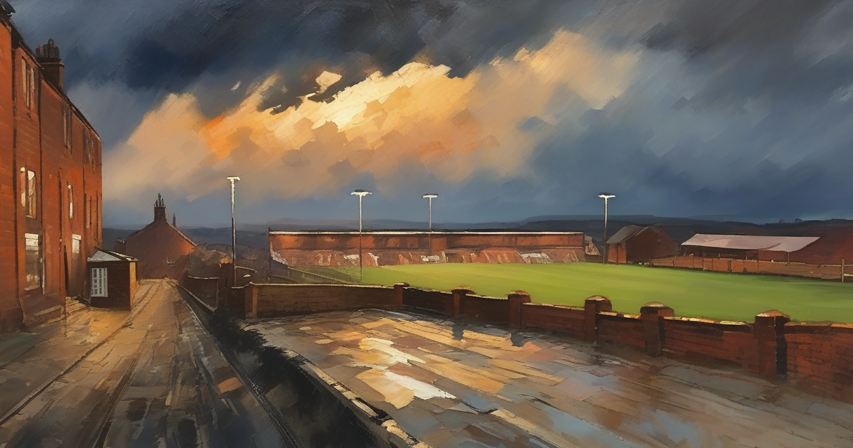 Painterly oil painting of a wet cobbled Northern English street with terraced housing and distant floodlight pylons under a dramatic sky
