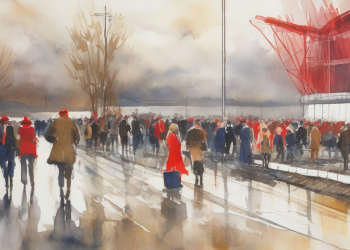 Painterly watercolour of football supporters in red walking towards the Riverside Stadium, dramatic golden-grey sky