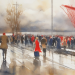 Painterly watercolour of football supporters in red walking towards the Riverside Stadium, dramatic golden-grey sky