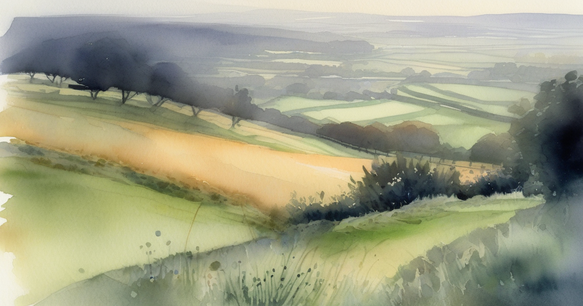Painterly view from a hillside above Middlesbrough's training pitches at Rockliffe Hall, hedge in foreground, valley below — watercolour