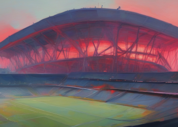 A painterly watercolour view of St Marys Stadium at twilight, curved roof line against a red-coral sky