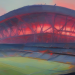 A painterly watercolour view of St Marys Stadium at twilight, curved roof line against a red-coral sky