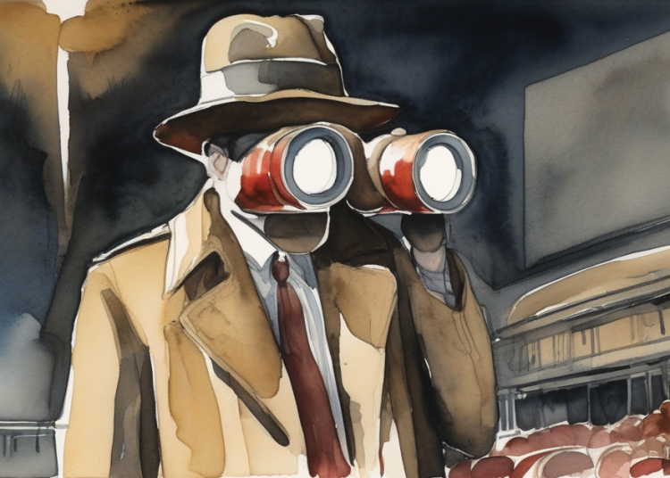 A painterly watercolour caricature of a spy in fedora and trench coat holding large red-lensed binoculars to his face, a stadium stand visible behind