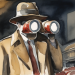 A painterly watercolour caricature of a spy in fedora and trench coat holding large red-lensed binoculars to his face, a stadium stand visible behind