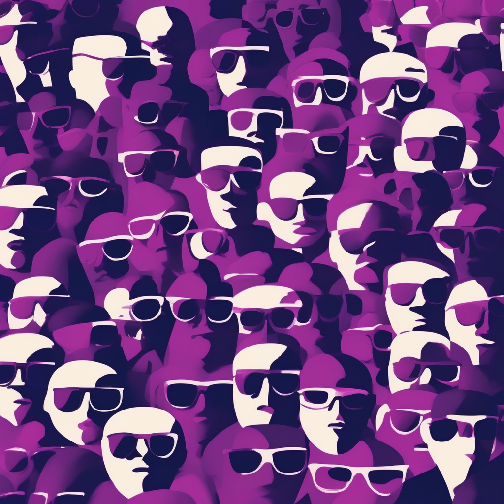Painterly illustration evoking Guy Debord's Society of the Spectacle — rows of anonymous upturned silhouettes in dark sunglasses against a magenta-and-navy field