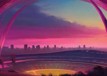 Abstract painterly Wembley arch silhouette in navy and magenta — BTP hero image