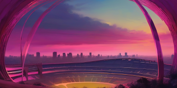 Abstract painterly Wembley arch silhouette in navy and magenta — BTP hero image