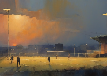 A painterly watercolour view of a small Northern English football ground at twilight with two floodlights lit and terraced rooftops behind