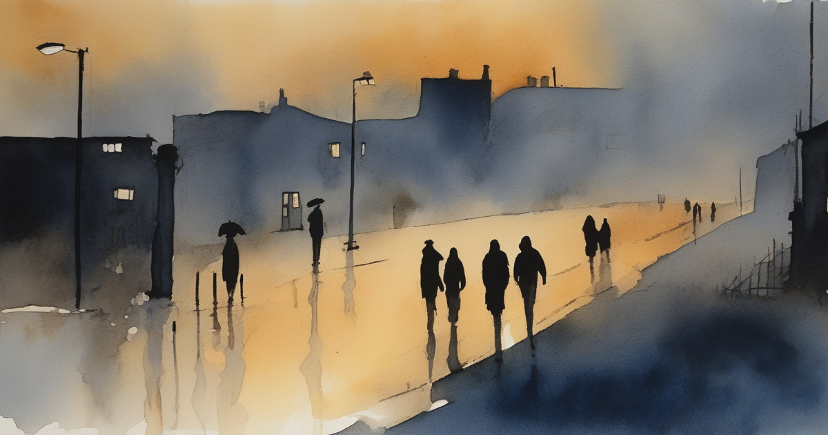 A darker painterly watercolour of silhouetted figures walking down a cobbled street with terraced houses fading into mist