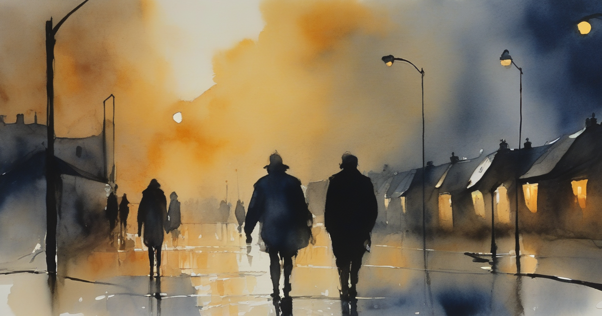 A painterly watercolour of silhouetted figures walking down a wet cobbled street toward the warm glow of floodlights at dusk