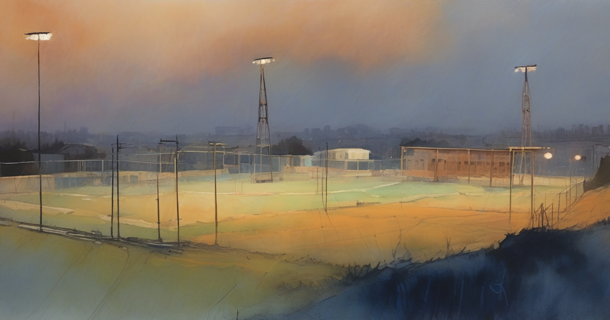 A painterly watercolour of three floodlight pylons rising over a fenced pitch at dusk with terraced buildings in the distance