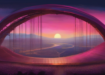 Painterly fantasy landscape of Wembley arch at golden-hour dusk in navy and magenta