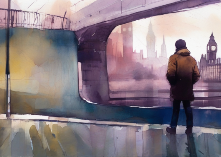 A lone hooded supporter pauses on a railway bridge at dusk, looking through the bridge arches to the lit silhouette of Big Ben and Westminster in the distance — painterly watercolour