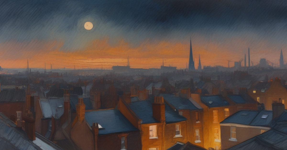 A panoramic painterly view of South London Victorian terraced rooftops at moonrise, distant spire and chimney silhouettes against an indigo sky — painterly watercolour