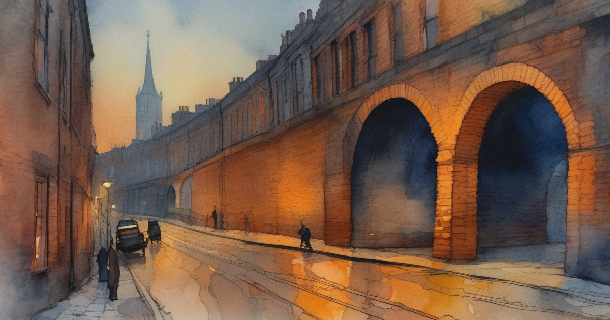 A brick railway viaduct runs alongside a misty cobbled South London street at dusk, two tiny silhouetted figures walking — painterly watercolour