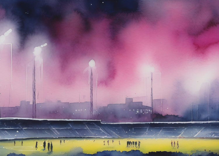 Painterly watercolour of an English football stadium at night under a magenta sky with floodlight glow