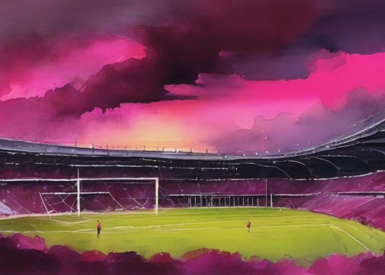 Painterly stadium under magenta clouds, illustrative