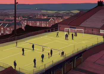 Painterly view of a Yorkshire football stadium with terraced houses below