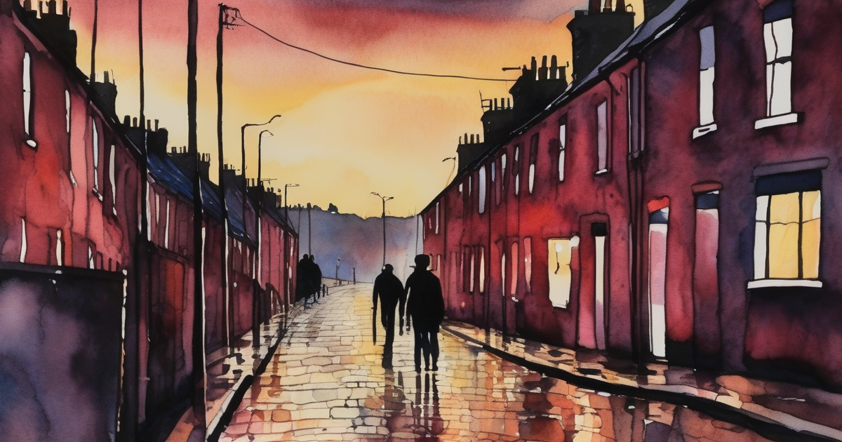 Watercolour of a cobbled Yorkshire street at sunset with two silhouetted figures