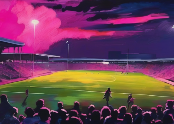 Painterly view of a floodlit football stadium under a magenta and navy sky