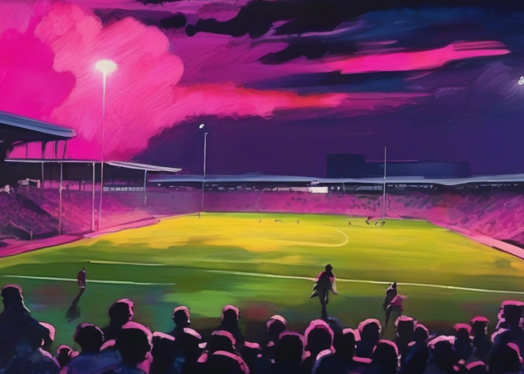 Painterly view of a floodlit football stadium under a magenta and navy sky