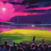 Painterly view of a floodlit football stadium under a magenta and navy sky