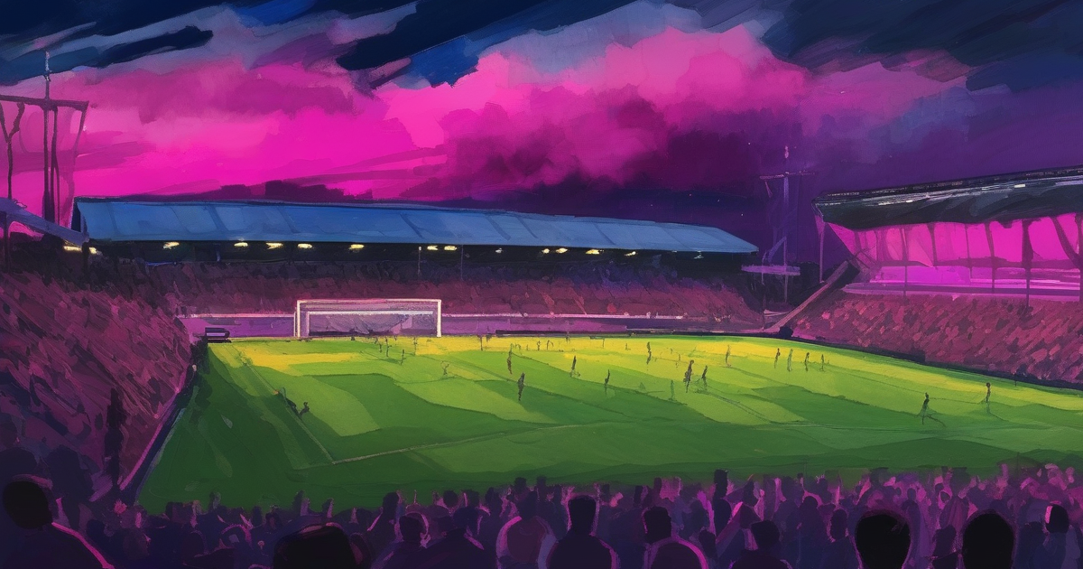 Painterly stadium under magenta clouds at dusk