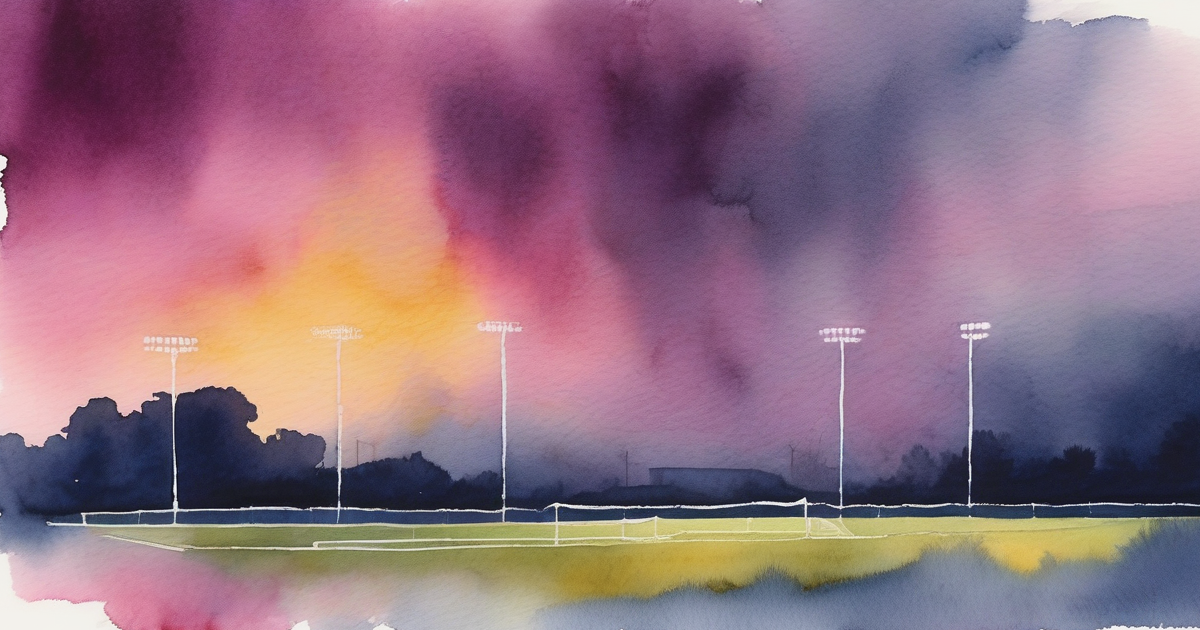 Watercolour of floodlight pylons over a pitch at sunset