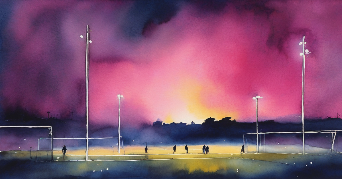 Watercolour of a floodlit pitch under magenta dusk with tiny figures