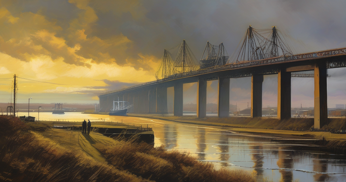 Painterly Teesside landscape with viaduct and golden sky over the Tees estuary