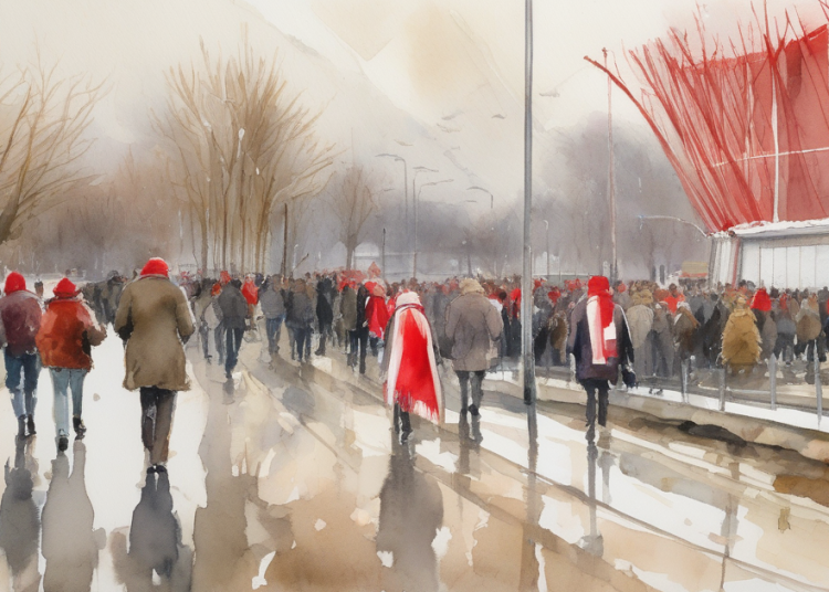 Watercolour painting of supporters in red and white walking towards Middlesbrough stadium on a Saturday lunchtime