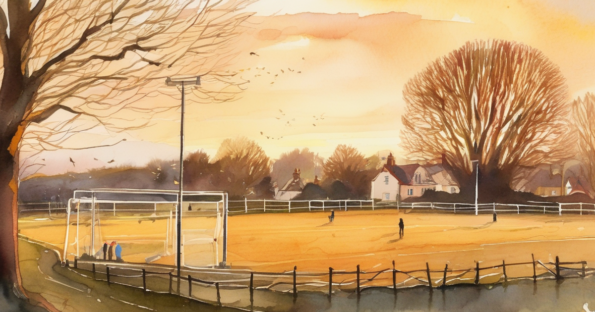 Painterly watercolour view through bare trees onto a small football ground with two anonymous figures, golden afternoon light