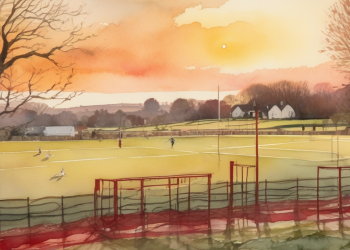 Painterly watercolour vista of a small English football ground in the Hertfordshire countryside at golden hour, distant village rooftops, no people