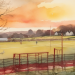 Painterly watercolour vista of a small English football ground in the Hertfordshire countryside at golden hour, distant village rooftops, no people