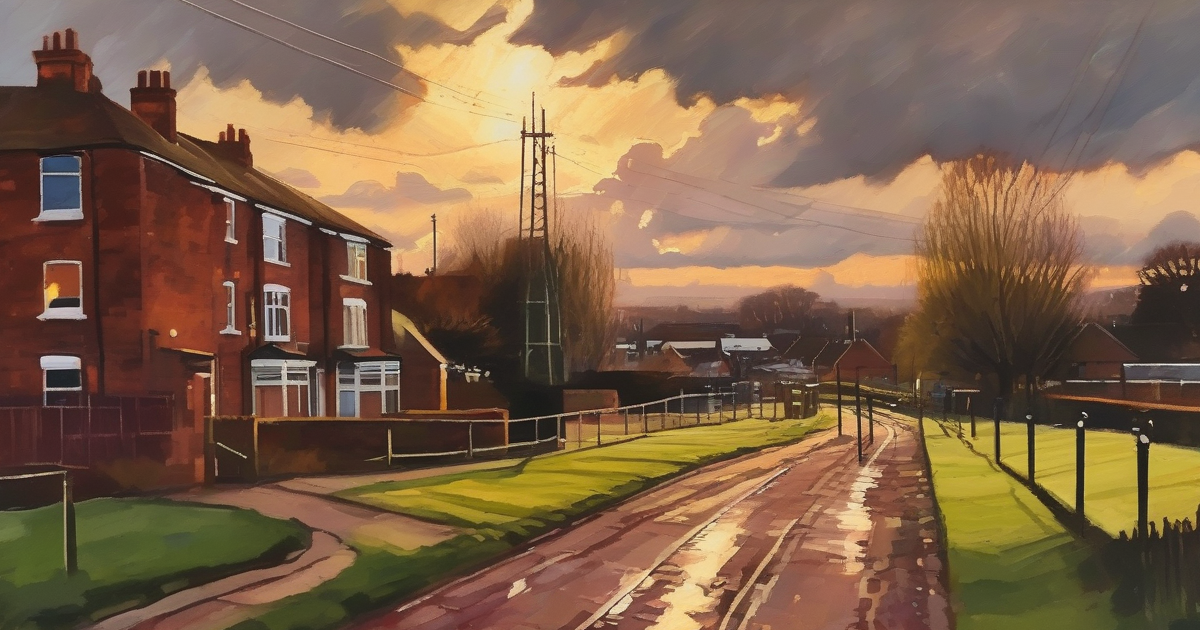 Painterly watercolour street with terraced housing and distant floodlight pylons under a stormy golden sky