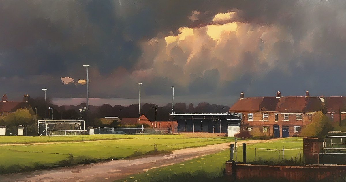 Painterly oil painting of a small English football ground with a single stand and terraced housing, dramatic stormy sky
